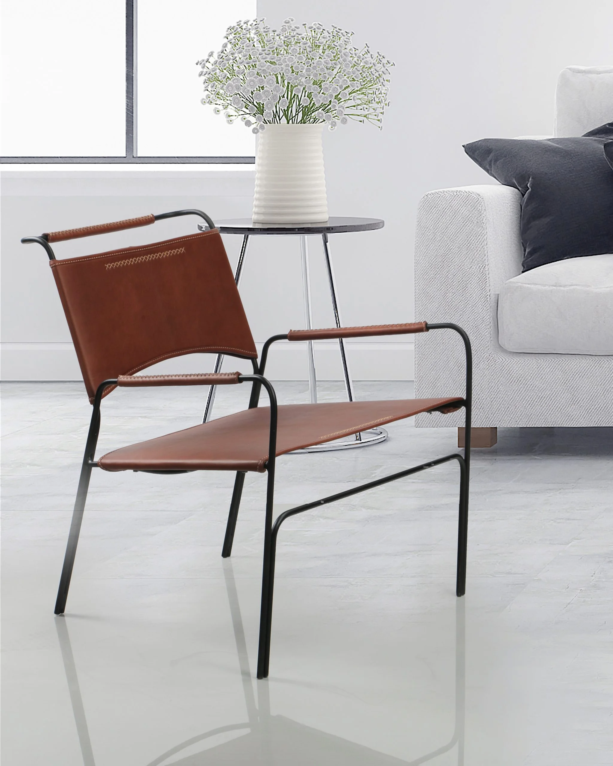 Sitial de Cuero y Acero – Noma, Color Hunter Red Brown Asiento Liso, Manillas Tapizadas, Cuero 100% Natural Uruguayo – Oferta
