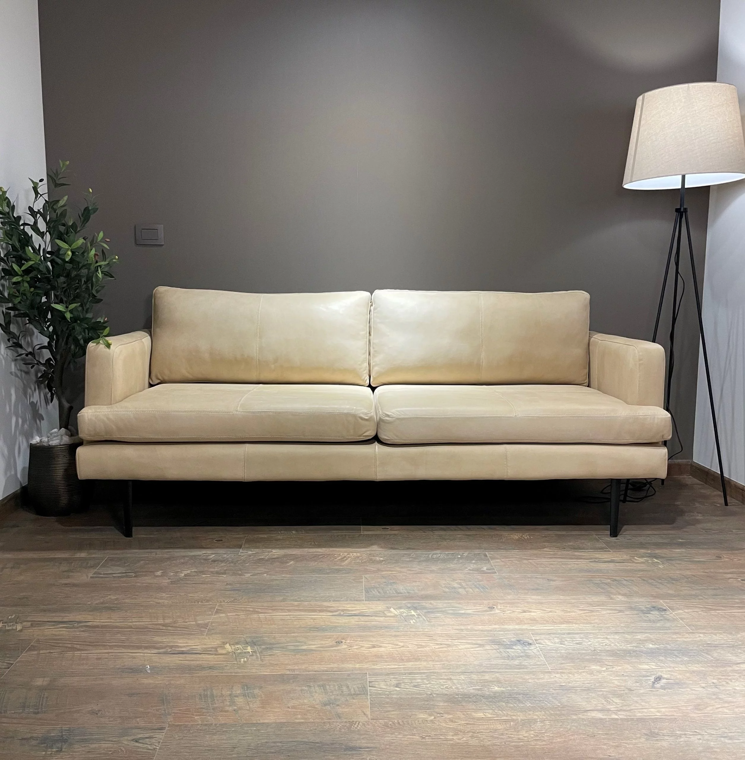 Sofá de Cuero – Slim Sasiori Color Fobeige, asiento liso, Cuero 100% Natural Uruguayo – Ancho 200 cm – Oferta