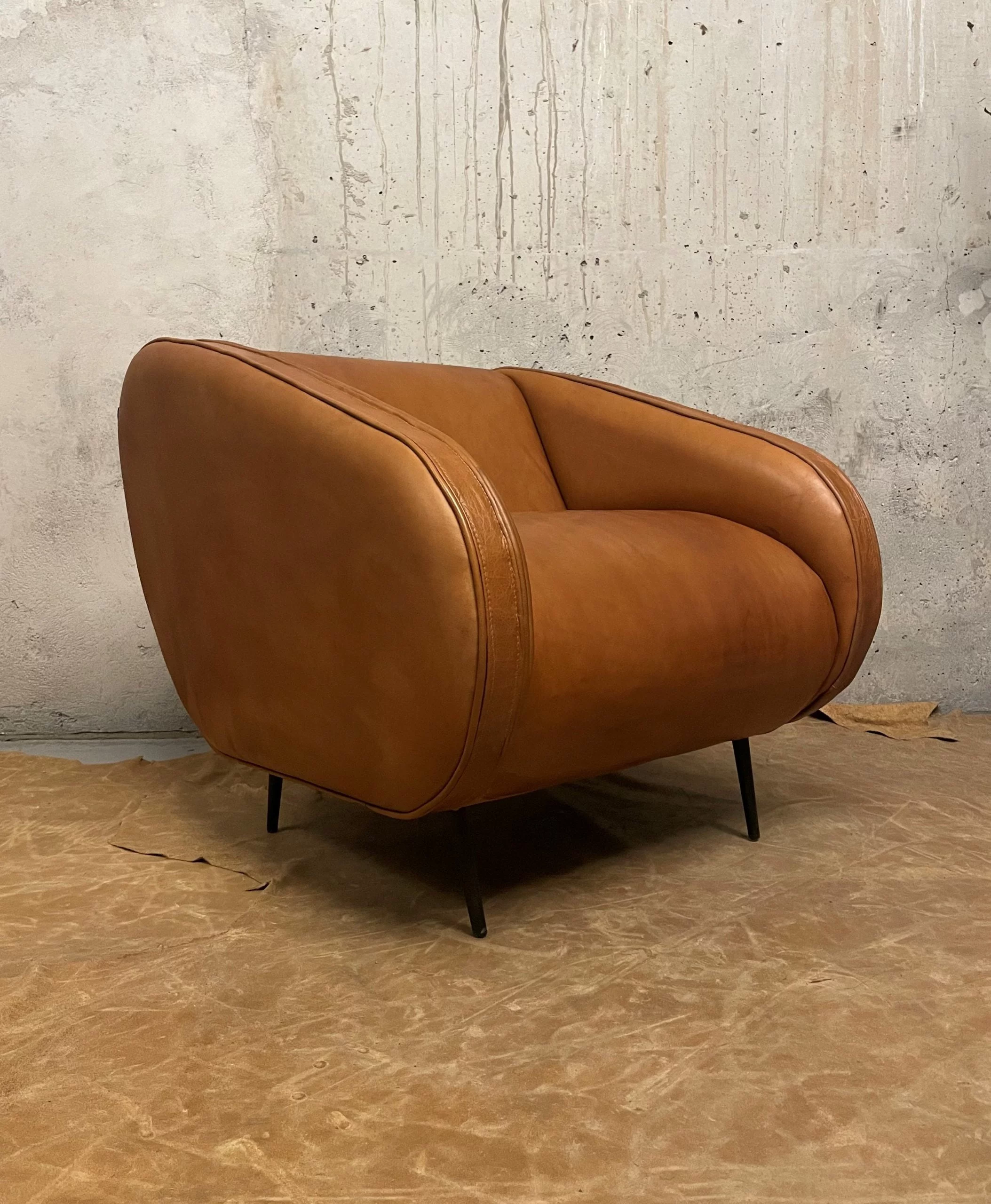 Sillón de cuero-Club House, color Rustic Bright Honey, 77cm ancho, asiento, respaldo y trasera liso