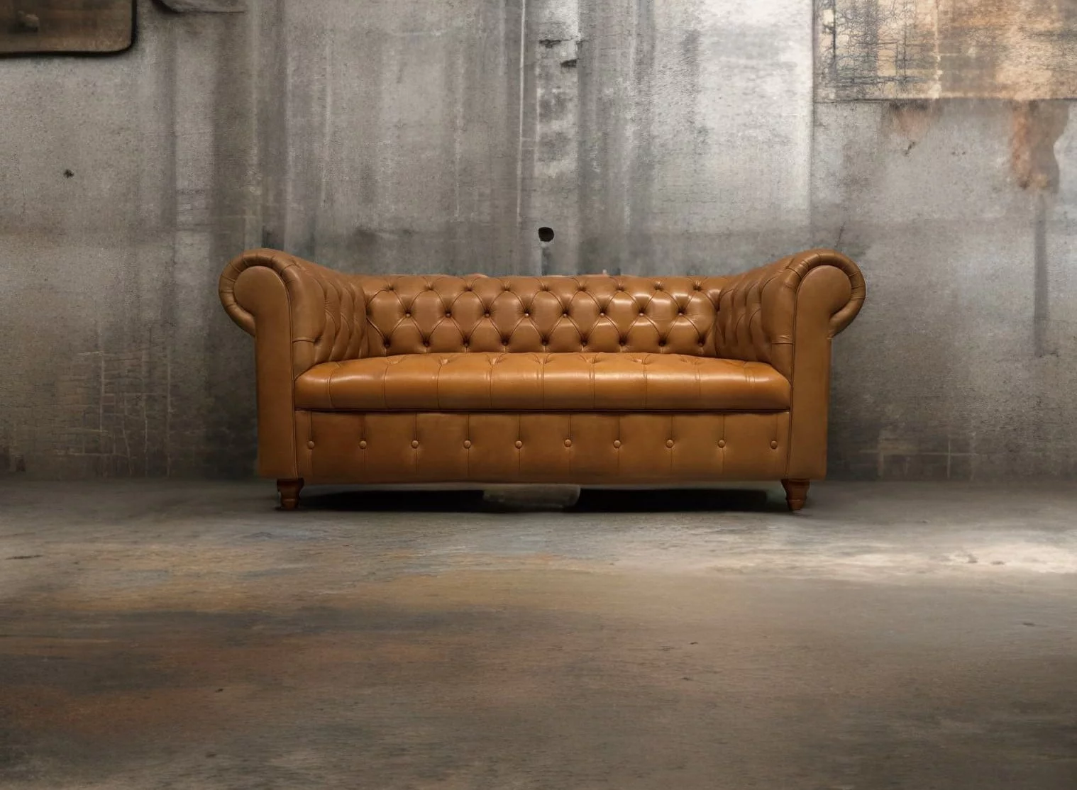 Sillon de Cuero – Chesterfield Color Rusty Honey, Capitoné Ingles, respaldo Recto Clásico, Cuero 100% Natural Uruguayo