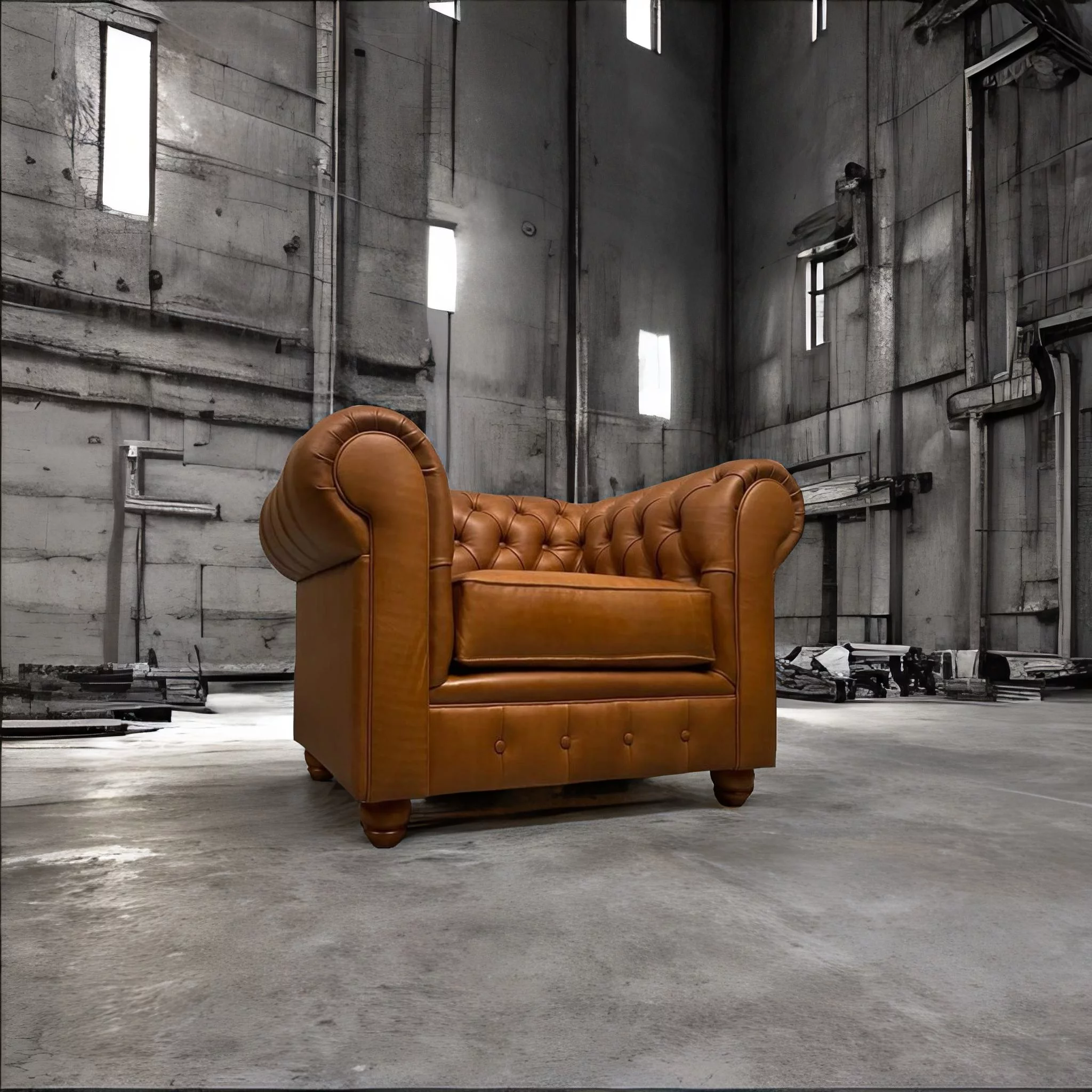 Sillón de Cuero- Chesterfield Color Fargo Whiskey, 120 cm de frente, asiento liso, Respaldo Recto Clásico, Cuero 100% Natural Uruguayo