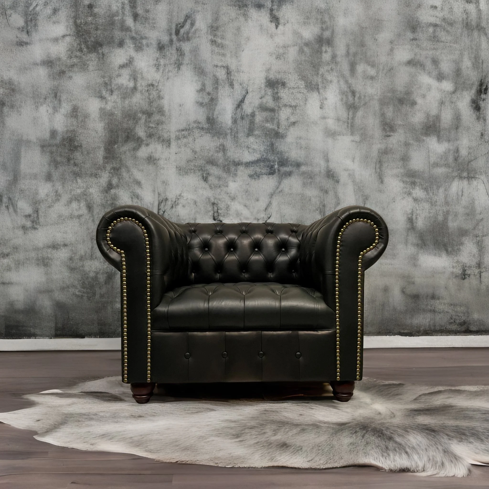 Sillón de Cuero- Chesterfield Color Fargo Negro, 120cm de frente, Capitoneado Ingles, Respaldo Recto Clásico, Cuero 100% Natural Uruguayo