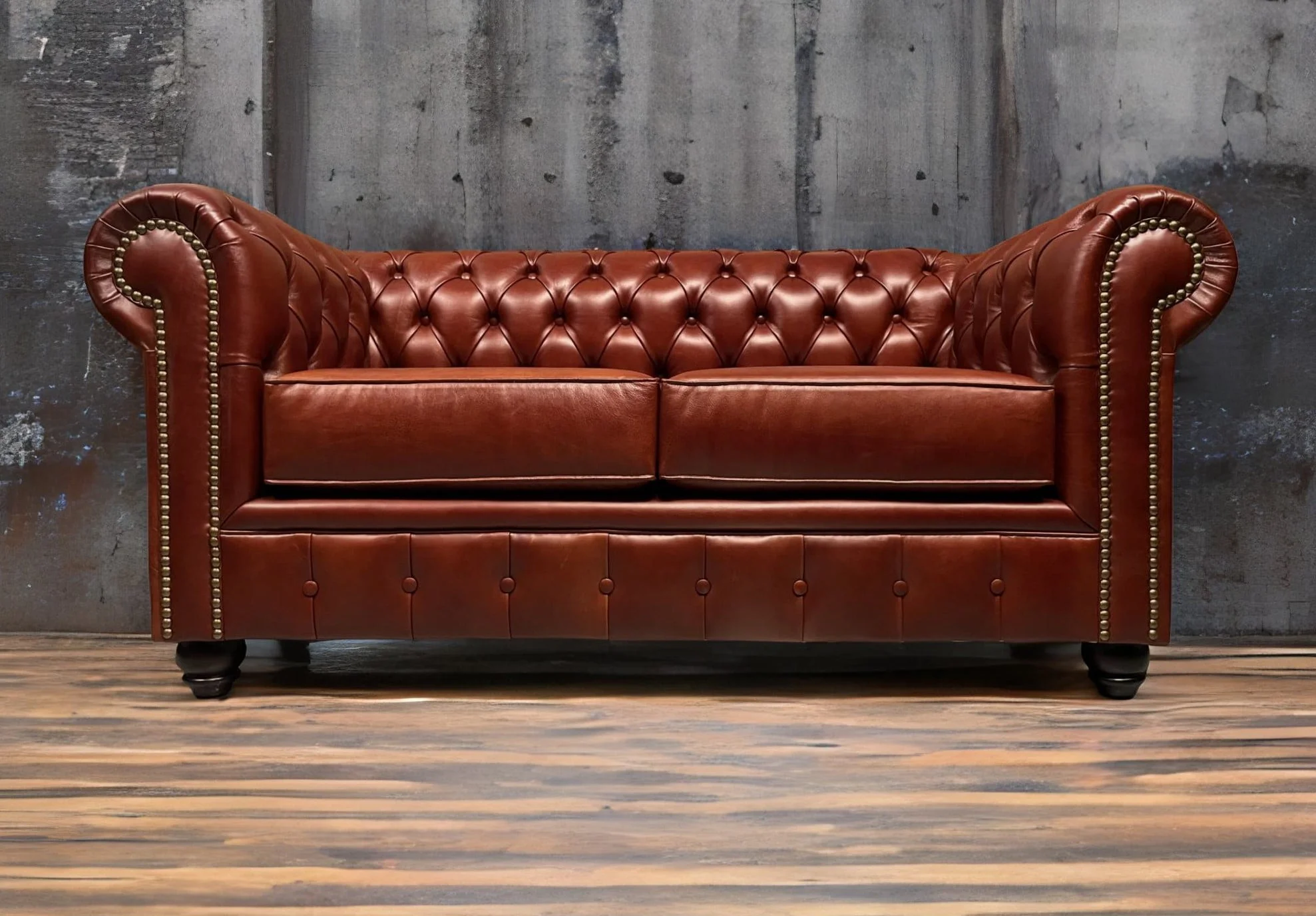 Sillon de Cuero – Chesterfield Color Hunter Cherry, Cojines lisos, respaldo Recto Clásico, Cuero 100% Natural Uruguayo.