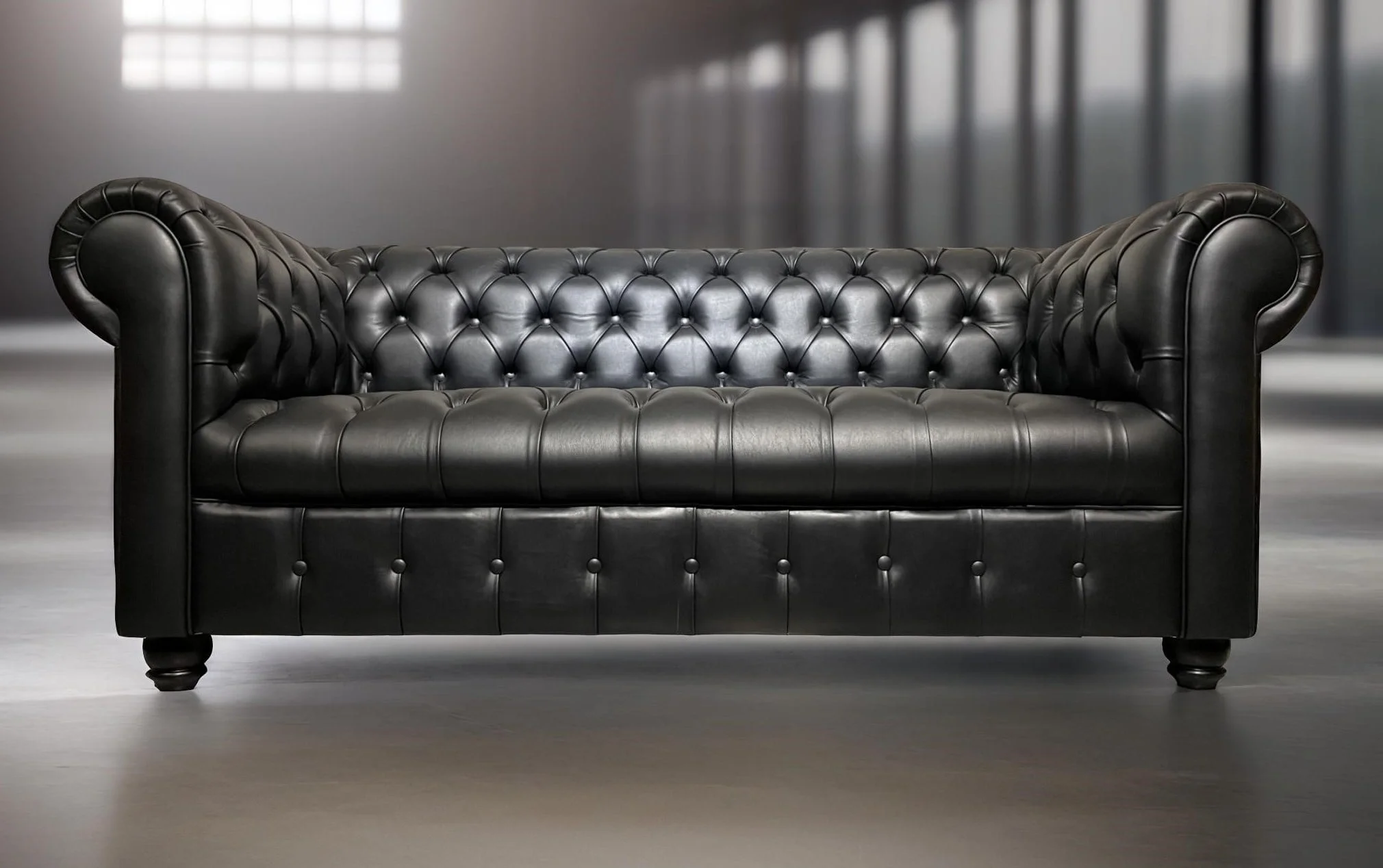 Sillon de Cuero – Chesterfield Color Fargo Negro, Capitoné Ingles, respaldo Recto Clásico, Cuero 100% Natural Uruguayo