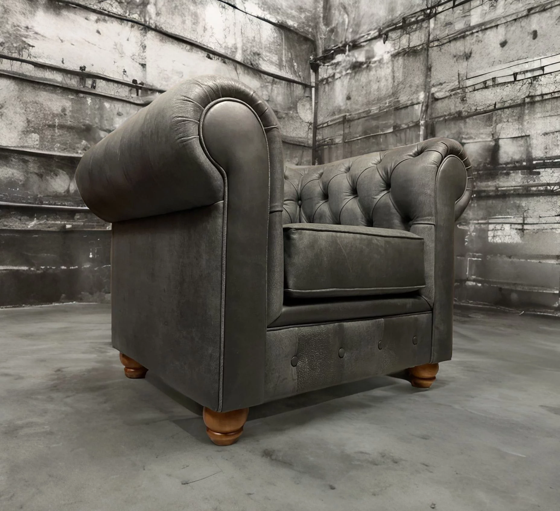 Sillón de Cuero – Chesterfield Milagro Gris, 110cm de frente, asiento liso, Respaldo Recto Clásico, Cuero 100% Natural Uruguayo