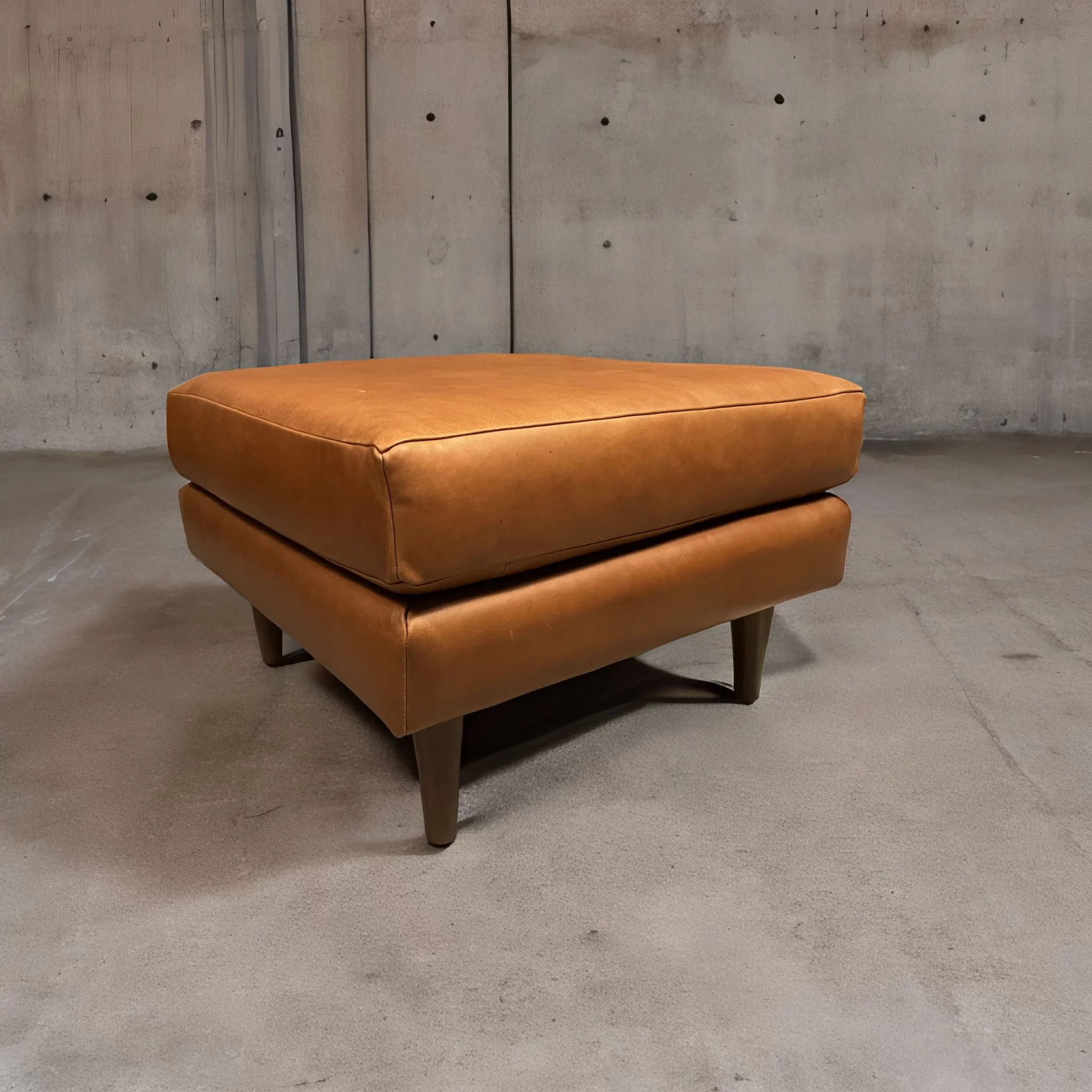 Pouf de Cuero – Pouf Slim, Cojín liso, Patas Cónicas de Madera, Color Fargo Whiskey 70x70x47cm, Cuero 100% Natural Uruguayo