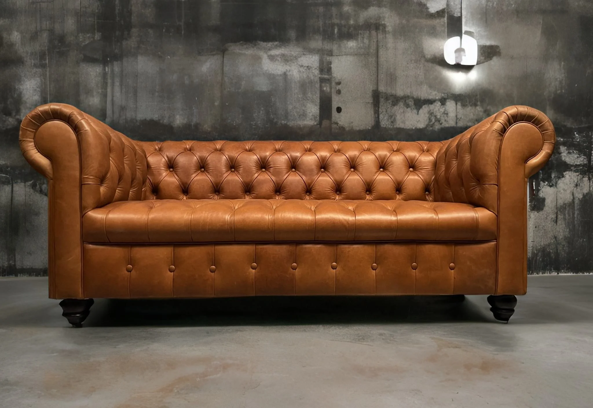 Sofá de Cuero – Chesterfield Rustic terra, Capitoné Ingles, Brazos Pabilo, respaldo Recto Clásico, Cuero 100% Natural Uruguayo