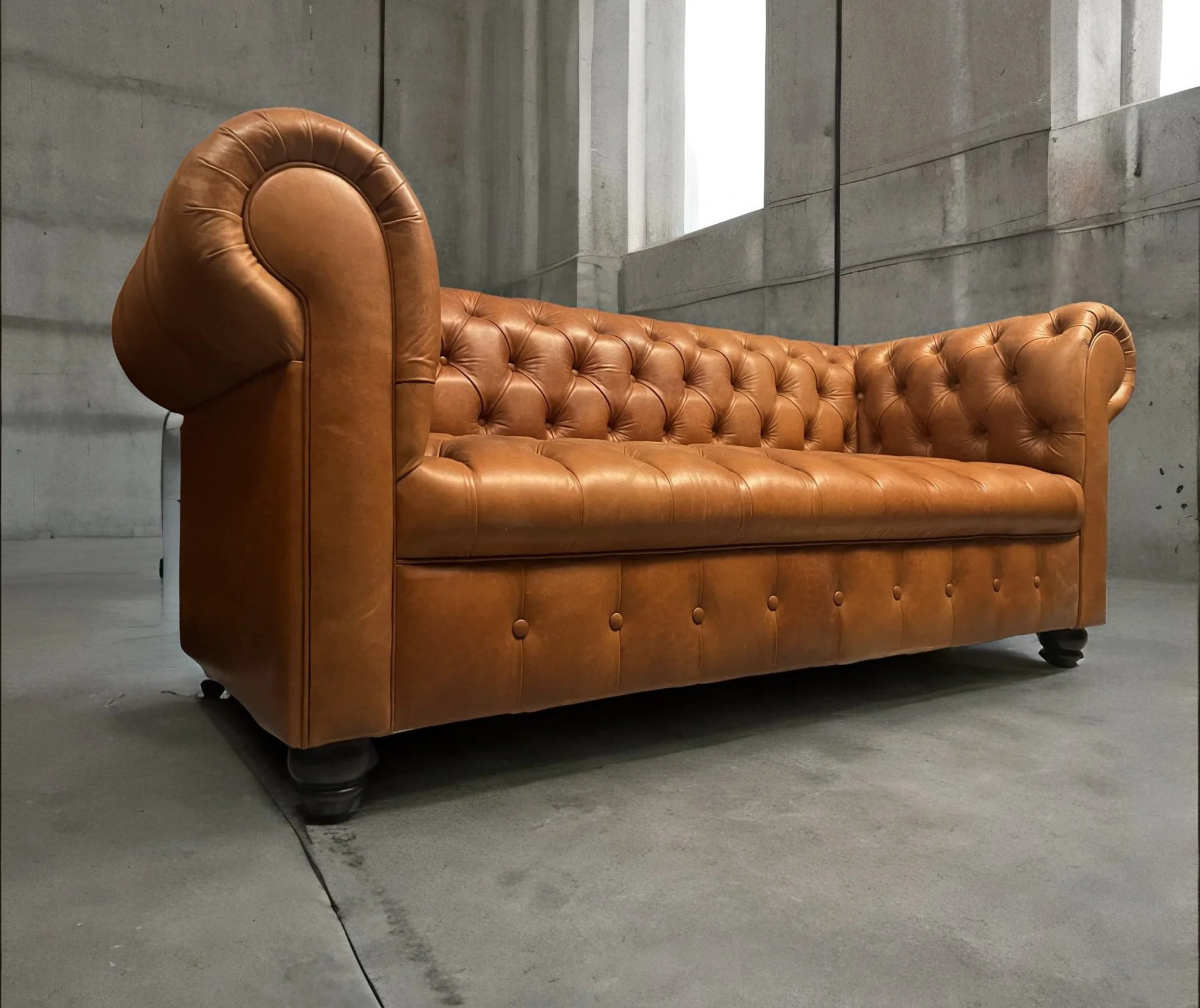 Sofá de Cuero - Chesterfield Rustic terra, Capitoné Ingles, Brazos Pabilo, respaldo Recto Clásico, Cuero 100% Natural Uruguayo